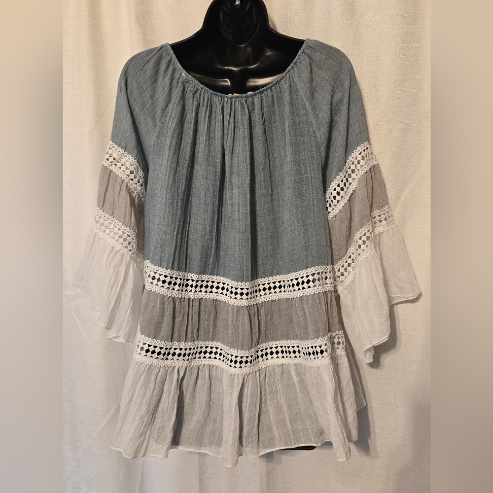 Boho Blue and White And Gray Gauze Blouse With Lace Detail Bell 3/4 Sleeves - Picture 8 of 8